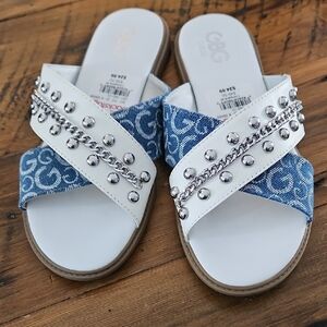 G by Guess White and Blue Chain Sandals